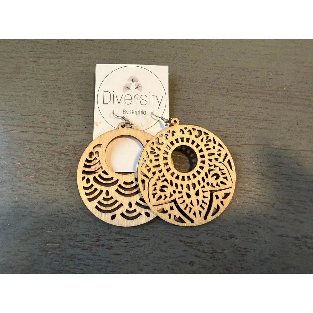 Diversity By Sophia Laser Cut Wooden Hoop Drop Earrings Natural Boho Geometric